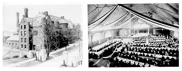 old black and white photograph of students dining in the Armory (right) and exterior of the Main Engineering Building (left), circa 1893. 
