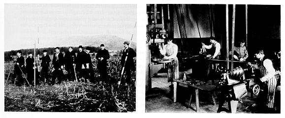 old black and white photograph of students surveying a railroad right of way, Left, Mechanical engineering students machine parts on a speed lathe,right