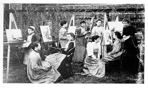 old black and white photograph of women painting in outdoor art class