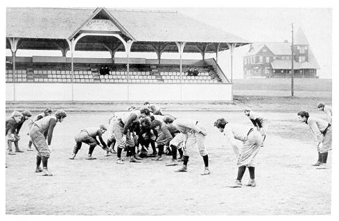 old black and white photograph of Football practice on Beaver Field