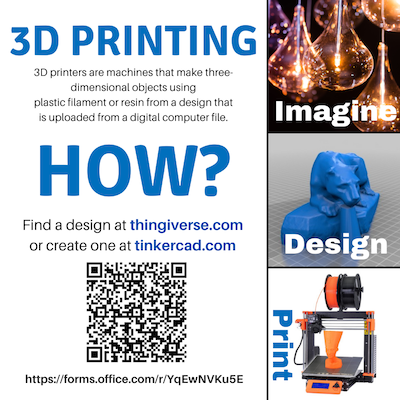 Scranton 3D Printing information card with QR code for more information