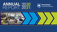 Cover for annual report 2020 - 2021 with a dark blue background and chevron style graphics in bright green and bright blue and features an image of the Collaboration Commons where students are studying