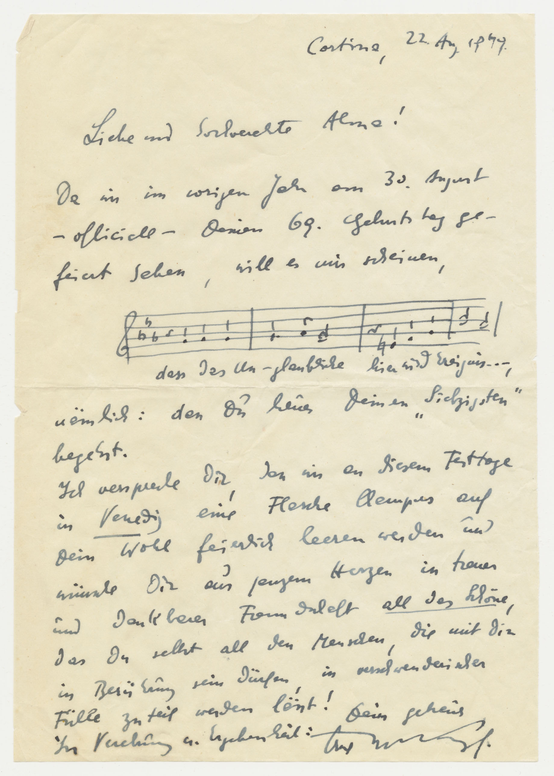 Erich Wolfgang Korngold's letter to Alma Mahler from her birthday book