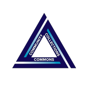 Library Discovery Hour blue and white triangle icon with text Community, Collections, Commons