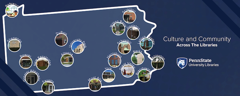 A blue map of the state of Pennsylvania against a darker blue background. Each Commonwealth Campus library is pictured within a circle and labled with its campus name. Text on the right of the image reads Culture and Community Across The Libraries