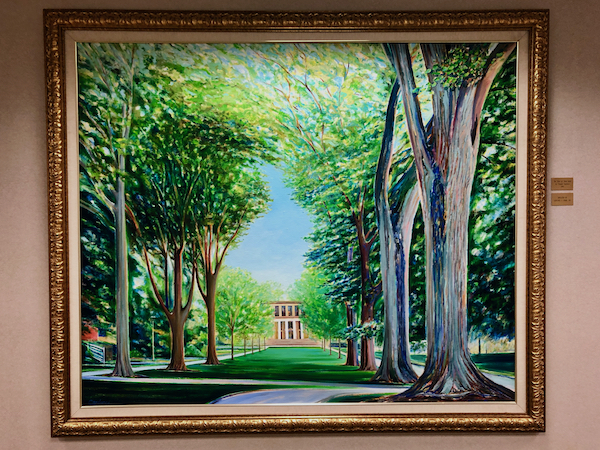 The Elms at Penn State painting by Vincent Carducci in a carved wooden frame accented with gold