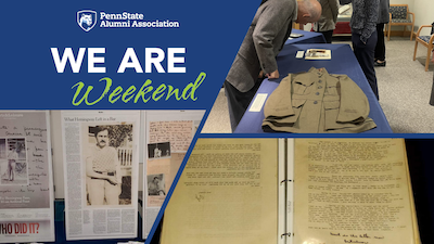 Penn State Alumni Association We Are Weekend postcard with a dark blue background featuring photos from past events