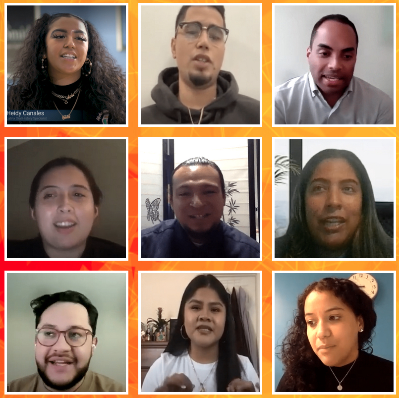Group of Latino/a/x students on a Zoom screen grid with a gradient red and orange background