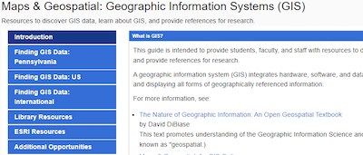   Geographic Information Systems (GIS) LibGuide Information LibGuide that displays navigational elements on the left and content on the right. 