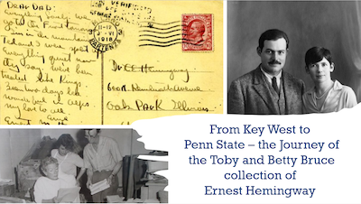 postcard of the Toby and Betty Bruce Ernest Hemingway collection written and addressed to Hemingway with black and white photos of the Bruce family