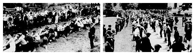 Freshmen running the gauntlet, 1922, and engaged in a tug of war contest