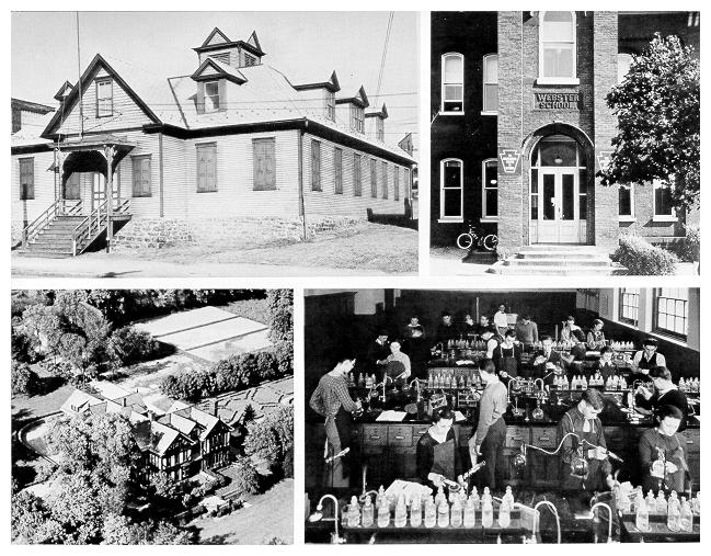  the Hazelton undergraduate center on West Broad Street, 1938; main entrance to the Altoona campus, about 1940 (top right); the Dubois center; chemistry laboratory at the Pottsville center, 1937