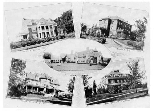 old black and white photograph of on-campus fraternity houses