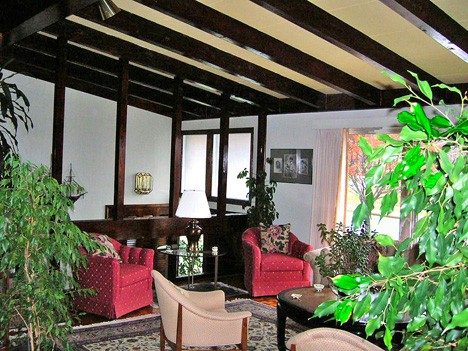 living area with exposed beams