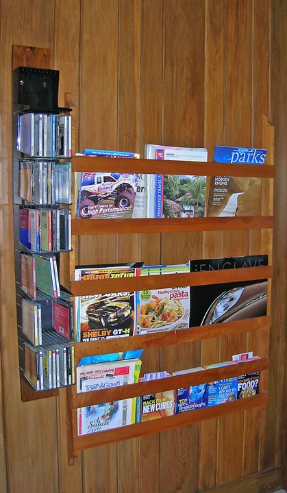 View of built-in magazine rack in the study/den