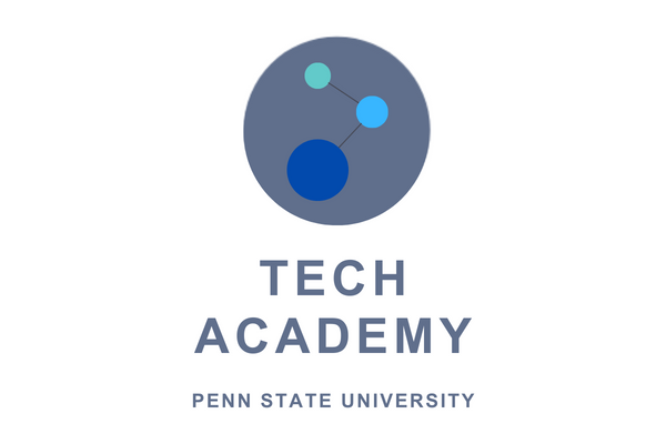Tech Academy Penn State University logo with grey circle with green, light blue, and dark blue circles connected by lines inside the grey circle